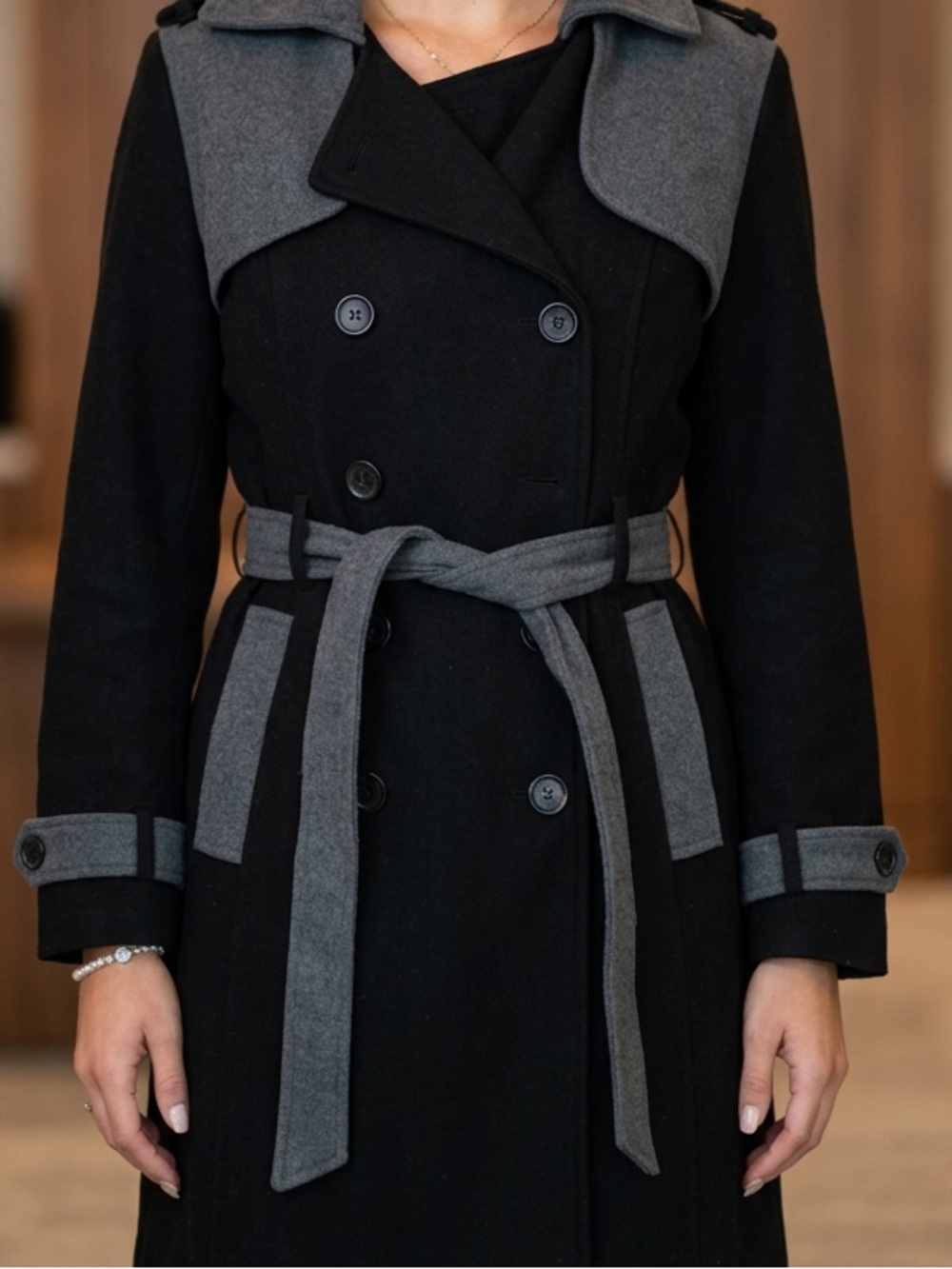 Yoki Black and Gray Two-Tone Belted Trench Coat